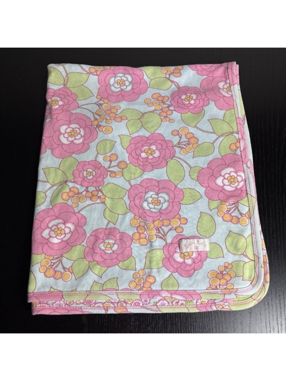 Vintage BABY LULU Baby Blanket Pink Green Blue Floral Print Reversible